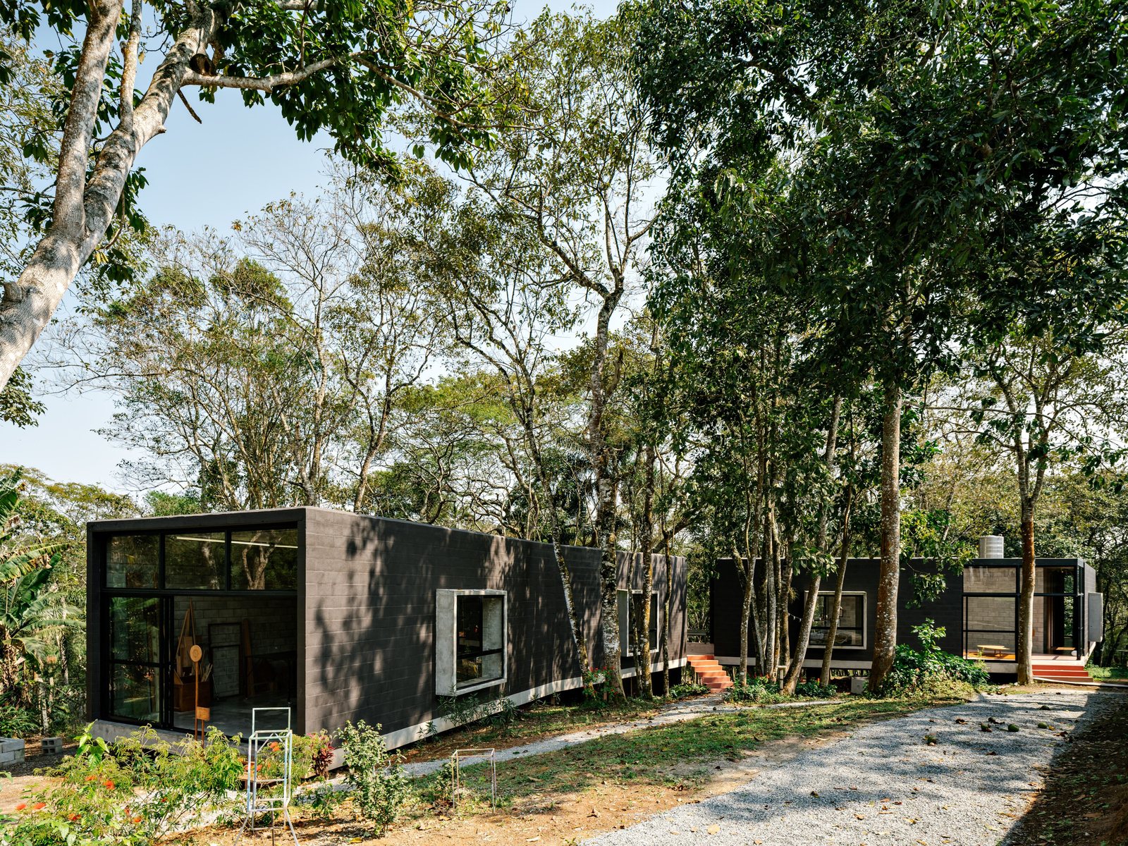 Casa em volume escuro integrada à vegetação, com jardim e caminho de pedras ao redor.