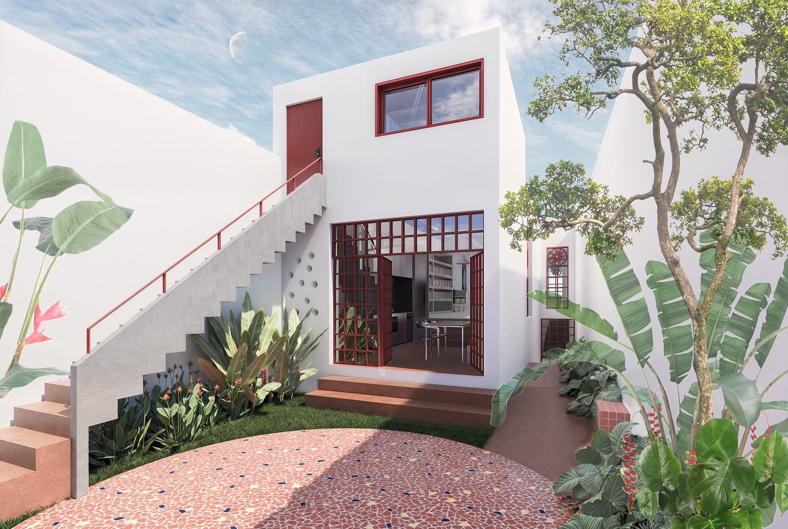 Fachada do Ateliê Nave Mãe com esquadrias vermelhas e jardim tropical