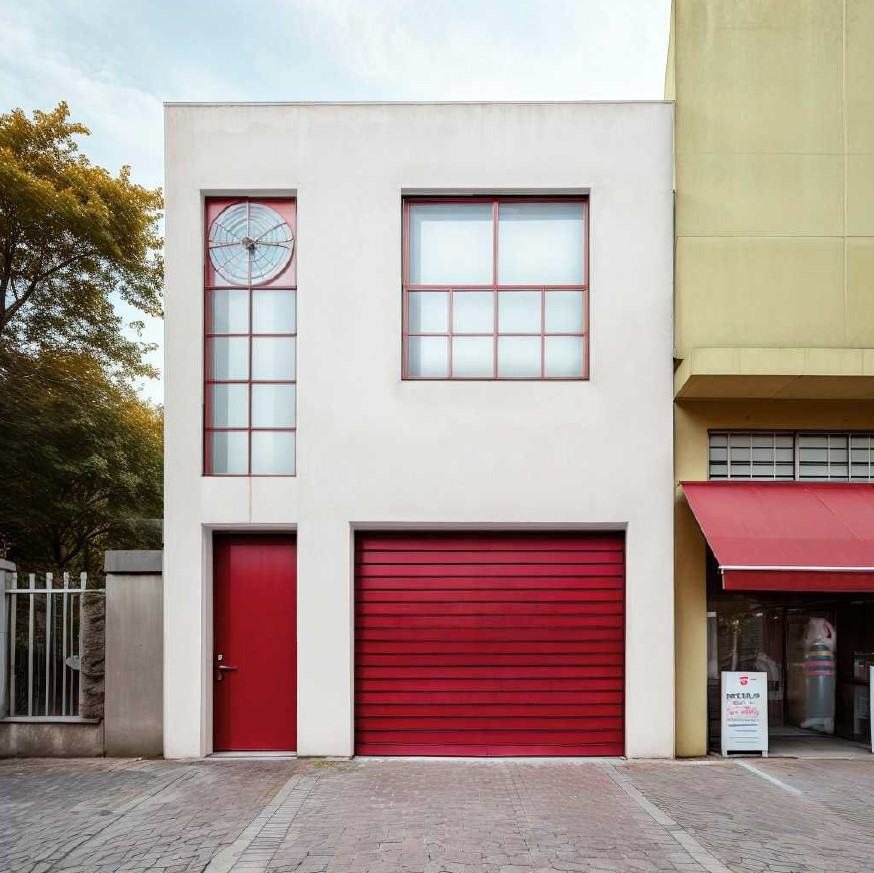 Fachada do Ateliê Nave Mãe na rua, com portão e porta vermelhos